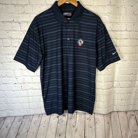 Nike Golf Polo shirt Mens Medium Blue Striped Pinehurst Golf Logo FitDry - Picture 1 of 10